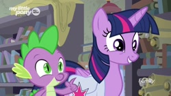 Size: 1920x1080 | Tagged: safe, screencap, spike, twilight sparkle, twilight sparkle (alicorn), alicorn, dragon, pony, the point of no return, bag, book, bookshelf, saddle bag, scroll, winged spike