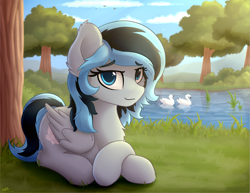 Size: 2521x1950 | Tagged: safe, artist:av-4, artist:avastin4, oc, oc only, oc:luny, bird, pegasus, pony, female, looking at you, pond, prone, scenery, solo, tree