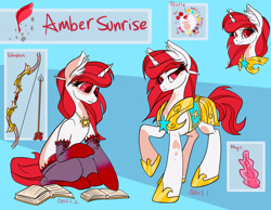 Size: 1280x994 | Tagged: safe, artist:twoshoesmcgee, oc, oc:amber sunrise, pony, unicorn, armor, arrow, book, bow (weapon), bow and arrow, clothes, female, mare, reference sheet, socks, solo, weapon