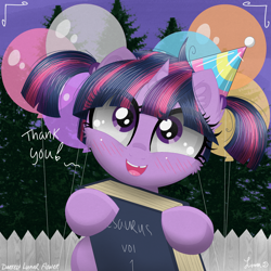 Size: 3500x3500 | Tagged: safe, artist:darkest-lunar-flower, derpibooru import, twilight sparkle, unicorn twilight, pony, unicorn, balloon, blushing, book, chipped tooth, commission, cute, ear fluff, female, fence, filly, filly twilight sparkle, hat, open mouth, party, party hat, pigtails, signature, smiling, solo, thesaurus, twiabetes, weapons-grade cute, younger