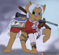 Size: 1280x1200 | Tagged: safe, artist:digoraccoon, oc, oc:doc wagon, pony, clothes, first aid kit, glasses, gun, male, patreon, patreon logo, raised hoof, shield, smiling, solo, sword, weapon