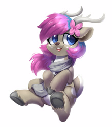 Size: 1400x1600 | Tagged: safe, artist:colorfulcolor233, oc, oc only, deer, chest fluff, clothes, cute, deer oc, pale belly, scarf, sitting, solo, unshorn fetlocks