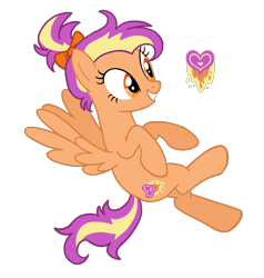 Size: 2262x2376 | Tagged: safe, artist:flipwix, derpibooru import, oc, oc only, oc:clementine skies, pegasus, pony, bow, digital art, female, flying, grin, hair bow, magical lesbian spawn, mare, next generation, offspring, parent:amethyst star, parent:spitfire, parents:spitstar, ponytail, simple background, smiling, solo, transparent background