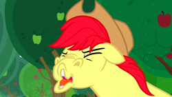 Size: 1600x900 | Tagged: safe, screencap, bright mac, pony, season 7, the perfect pear, apple tree, cowboy hat, faic, funny face, great moments in animation, hat, sneezing, tree