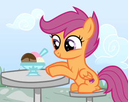 Size: 2500x2000 | Tagged: safe, artist:wingcut, derpibooru exclusive, scootaloo, pony, bowl, chair, cloud, cute, cutealoo, cutie mark, female, filly, folded wings, food, grass, happy, hooves, hooves on the table, ice cream, looking at something, mare, sitting, smiling, solo, spoon, stool, table, the cmc's cutie marks, wings