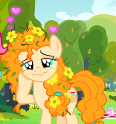 Size: 839x895 | Tagged: safe, screencap, pear butter, pony, the perfect pear, big eyes, cheek fluff, flower, flower in hair, heart, in love, messy mane, sparkling eyes, squishy cheeks