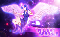 Size: 4000x2500 | Tagged: safe, artist:shadikbitardik, derpibooru import, twilight sparkle, twilight sparkle (alicorn), alicorn, human, clothes, female, floating, glowing eyes, horned humanization, humanized, magic, solo, sparkles, winged humanization, wings