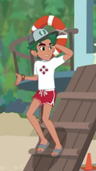 Size: 223x394 | Tagged: safe, derpibooru import, screencap, timber spruce, better together, equestria girls, turf war, arm behind head, clothes, cropped, feet, legs, lifeguard, lifeguard timber, male, male feet, sandals, shorts, smiling