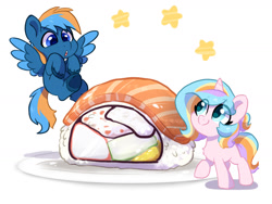 Size: 1600x1200 | Tagged: safe, artist:colorfulcolor233, oc, oc only, oc:oofy colorful, pegasus, unicorn, duo, food