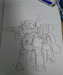 Size: 1080x1276 | Tagged: safe, artist:omegapony16, oc, oc only, oc:oriponi, armor, eraser, gun, helmet, lineart, lined paper, photo, rocket launcher, solo, traditional art, weapon