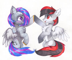 Size: 1280x1064 | Tagged: safe, artist:lispp, derpibooru import, oc, oc only, oc:loki smile, oc:melody smile, pegasus, pony, blushing, chest fluff, ear fluff, female, fluffy, looking at each other, male, pale belly