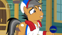 Size: 1366x768 | Tagged: safe, screencap, quibble pants, earth pony, pony, common ground, cap, clothes, discovery family logo, hat, shirt, solo, towel, tv rating, tv-y