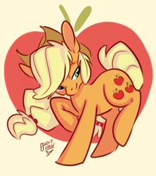 Size: 1024x1157 | Tagged: safe, artist:thatweirdpigeonlady, derpibooru import, applejack, earth pony, pony, abstract background, apple, cowboy hat, cute, female, food, hat, jackabetes, long ears, looking back, mare, solo