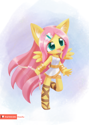 Size: 1000x1407 | Tagged: safe, artist:howxu, fluttershy, anthro, bow (weapon), clothes, cupid, cute, ear fluff, female, floating wings, open mouth, shyabetes, solo, toga, wings