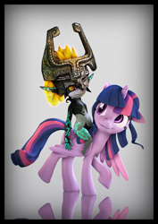 Size: 3500x4950 | Tagged: safe, artist:buttercupsaiyan, artist:imafutureguitarhero, twilight sparkle, twilight sparkle (alicorn), alicorn, pony, 3d, absurd resolution, adaptation, alternate hairstyle, alternate manestyle, border, chromatic aberration, colored sclera, crossover, duo, fangs, female, film grain, floppy ears, freckles, glow, horn, imp, legend of zelda: twilight princess, looking at each other, mare, midna, midna sparkle, multicolored hair, nose wrinkle, pun, raised hoof, recursive fanart, reflection, riding, scitwilicorn, signature, smiling, source filmmaker, the legend of zelda, the legend of zelda: twilight princess, visual pun, walking, windswept mane, windswept tail, wings