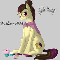 Size: 2000x2000 | Tagged: safe, artist:dreamyartcosplay, earth pony, pony, cape, clothes, cupcake, female, food, freckles, gluttony, hair bun, mare, ponified, seven deadly sins, signature, sitting, solo, text, unshorn fetlocks