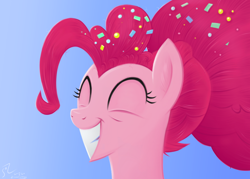 Size: 4578x3273 | Tagged: safe, artist:fladdrarblyg, pinkie pie, earth pony, pony, the last problem, bust, eyes closed, happy, high res, older, older pinkie pie, portrait, simple background, smiling, solo