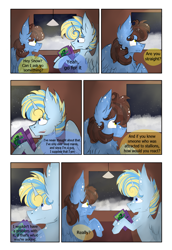 Size: 1299x1891 | Tagged: safe, artist:hunterthewastelander, oc, oc only, oc:snowstorm brina cavaliere, oc:whiskey star, alicorn, crystal pony, pegasus, pony, comic:the transgression, alicorn oc, book, comic, dialogue, eye clipping through hair, female, male, mare, offspring, parent:princess cadance, parent:shining armor, parents:shiningcadance, pegasus oc, smiling, snow, stallion, wings