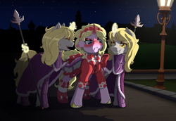 Size: 1681x1154 | Tagged: safe, artist:ravenpuff, oc, oc only, oc:pristine silk, oc:yuzira, oc:zusira, pony, unicorn, clothes, dress, female, mare, night guard, polyamory, spear, twins, weapon