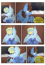 Size: 1299x1888 | Tagged: safe, artist:hunterthewastelander, oc, oc only, oc:snowstorm brina cavaliere, oc:whiskey star, alicorn, crystal pony, pegasus, pony, comic:the transgression, alicorn oc, book, comic, dialogue, eye clipping through hair, female, male, mare, offspring, parent:princess cadance, parent:shining armor, parents:shiningcadance, pegasus oc, smiling, snow, stallion, wings