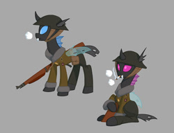 Size: 1021x783 | Tagged: safe, artist:carnifex, derpibooru import, changeling, equestria at war mod, blue changeling, brodie helmet, cigarette, clothes, cold weather, commission, guard, gun, helmet, purple changeling, rifle, simple background, smoking, soldier, uniform, video game, weapon