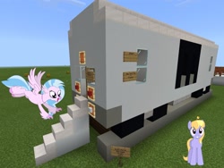 Size: 2048x1536 | Tagged: safe, artist:bluemeganium, artist:cheezedoodle96, edit, editor:topsangtheman, cloud kicker, silverstream, hippogriff, pegasus, pony, looking at you, minecraft, new york city subway, stairs, that hippogriff sure does love stairs, train