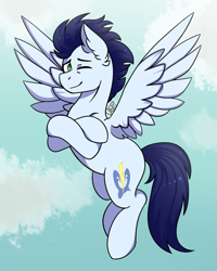 Size: 800x1000 | Tagged: safe, artist:vale-bandicoot96, derpibooru import, soarin', pegasus, pony, flying, male, one eye closed, smiling, solo, stallion, wink