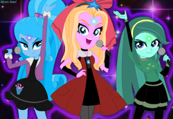 Size: 770x530 | Tagged: safe, artist:mytri-atari, derpibooru import, oc, oc only, oc:aglaope, oc:piscis, oc:radne, oc:the dark stars, mermaid, equestria girls, busty radne, clothes, diadem, magic, microphone