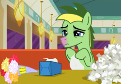 Size: 1075x743 | Tagged: safe, artist:didgereethebrony, edit, edited screencap, screencap, oc, oc:didgeree, pegasus, pony, the saddle row review, cafe, cold, flower, sick, solo, tissue, tissue box