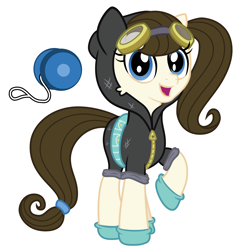 Size: 2000x2000 | Tagged: safe, anonymous artist, derpibooru import, oc, oc:dizzy strings, earth pony, pony, dangerous mission outfit, female, goggles, show accurate, smiling, vector, yo-yo