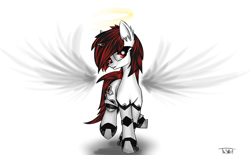 Size: 1024x636 | Tagged: safe, artist:radinance, artist:thestive19, derpibooru import, oc, oc only, oc:blackjack, angel, cyborg, pony, unicorn, fallout equestria, fallout equestria: project horizons, cutie mark, cyber legs, ear fluff, ethereal wings, fanfic, fanfic art, female, grin, halo, hooves, horn, mare, nimbus, simple background, smiling, solo, spread wings, white background, wings