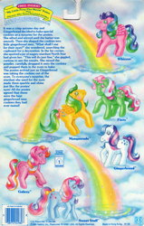 Size: 709x1117 | Tagged: safe, fizzy, galaxy (g1), gingerbread, masquerade (g1), sweet stuff, whizzer, twinkle eyed pony, g1, backcard, barcode, bow, cute, fizzybetes, galaxydorable, gingerbetes, implied north star, masqueradorable, official, rainbow, story, sweet sweet stuff, tail bow, whizzabetes