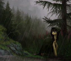 Size: 2910x2497 | Tagged: safe, artist:koviry, derpibooru import, oc, oc only, oc:copper crystal, pony, ambiguous gender, ambiguous species, cloak, clothes, fog, foggy, forest, hood, outdoors, painting, path, rain, raincoat, raining, scenery, solo, summer, trail, tree, woods