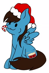 Size: 1456x2152 | Tagged: safe, artist:noxi1_48, oc, oc only, pegasus, pony, candy, candy cane, christmas, commission, food, happy, hat, holiday, santa hat, simple background, solo, sugar cane, white background, your character here