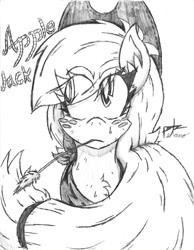 Size: 1024x1320 | Tagged: safe, artist:petanoprime, earth pony, pony, bust, chest fluff, eye clipping through hair, female, freckles, grayscale, hat, mare, monochrome, signature, solo, straw in mouth, text, traditional art