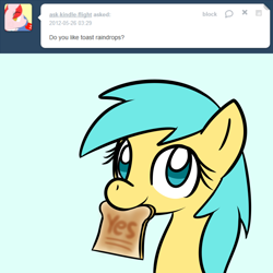 Size: 750x750 | Tagged: safe, artist:datahmedz, sunshower raindrops, pony, ask, bread, food, mouth hold, raindropsanswers, solo, toast, tumblr