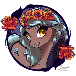 Size: 1500x1500 | Tagged: safe, artist:lenamilove, derpibooru import, oc, oc only, oc:moon bloom, bat pony, pony, bat pony oc, bat wings, commission, digital art, female, flower, flower in hair, frame, mare, simple background, smiling, solo, transparent background, wings, ych result