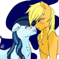 Size: 894x894 | Tagged: safe, artist:captainloafnugget, derpibooru import, applejack, coloratura, earth pony, pony, blushing, female, floppy ears, lesbian, looking at each other, mare, missing accessory, open mouth, rara, rarajack, shipping, story included