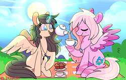 Size: 2200x1400 | Tagged: safe, artist:1racat, derpibooru import, oc, oc only, oc:hanalea, oc:rebecca, alicorn, pegasus, pony, alicorn oc, commission, cup, digital art, duo, eyes closed, female, food, jewelry, magic, mare, muffin, necklace, open mouth, picnic, picnic blanket, signature, sitting, smiling, sun, tea, teacup, telekinesis, ych result