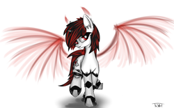 Size: 2900x1800 | Tagged: safe, artist:radinance, artist:thestive19, derpibooru import, oc, oc only, oc:blackjack, cyborg, demon, pony, unicorn, fallout equestria, fallout equestria: project horizons, cutie mark, cyber legs, devil horns, ear fluff, ethereal wings, fanfic, fanfic art, female, grin, hooves, horn, mare, simple background, smiling, solo, spread wings, white background, wings