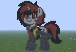 Size: 1024x705 | Tagged: safe, artist:artsy46, artist:artsy_46, oc, oc only, oc:blackjack, pony, unicorn, fallout equestria, fallout equestria: project horizons, clothes, fanfic art, female, grass, level 2 (project horizons), mare, minecraft, photo, pixel art, solo, sword, weapon