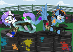 Size: 2400x1700 | Tagged: safe, artist:jagga-chan, oc, oc only, oc:amethyst radius, oc:blues, pegasus, pony, unicorn, female, magic, male, mare, paintball, stallion