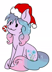 Size: 1544x2120 | Tagged: safe, artist:noxi1_48, oc, oc only, pony, candy, candy cane, christmas, commission, food, happy, hat, holiday, santa hat, simple background, solo, sugar cane, white background, your character here