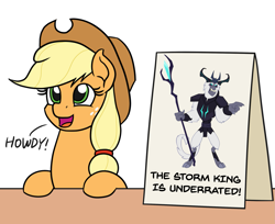 Size: 1719x1406 | Tagged: safe, artist:andoanimalia, artist:mkogwheel edits, edit, applejack, storm king, earth pony, pony, yeti, my little pony: the movie, angry, antagonist, applejack's hat, applejack's sign, armor, cowboy hat, crown, cute, dawwww, exploitable meme, fangs, female, freckles, hat, horns, howdy, jewelry, mare, meme, open mouth, pointing, regalia, sign, simple background, smiling, staff, staff of sacanas, storm king's emblem, table, text, unpopular opinion, vector, weapons-grade cute