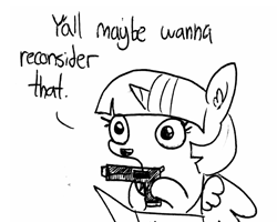 Size: 1280x1024 | Tagged: safe, artist:tjpones, derpibooru import, twilight sparkle, twilight sparkle (alicorn), alicorn, pony, black and white, cropped, delet this, dialogue, ear fluff, female, grayscale, gun, handgun, hoof hold, lineart, monochrome, pistol, reaction image, reconsidering in the comments, simple background, solo, sparkles! the wonder horse!, speech, traditional art, weapon, y'all