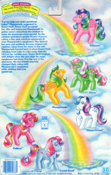 Size: 709x1117 | Tagged: safe, fizzy, galaxy (g1), gingerbread, masquerade (g1), sweet stuff, whizzer, twinkle eyed pony, g1, backcard, barcode, bow, cute, fizzybetes, galaxydorable, gingerbetes, masqueradorable, official, rainbow, sweet sweet stuff, tail bow, whizzabetes