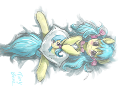 Size: 2048x1536 | Tagged: safe, artist:tinybenz, oc, oc only, oc:lrivulet, oc:左岸, pony, blushing, bow, bowtie, female, hair bow, looking at you, lying down, mare, pegasus oc, pillow, solo