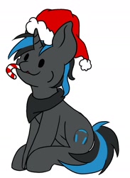 Size: 1553x2124 | Tagged: safe, artist:noxi1_48, oc, oc only, pony, candy, candy cane, christmas, clothes, commission, food, happy, hat, holiday, santa hat, scarf, simple background, solo, sugar cane, white background, your character here