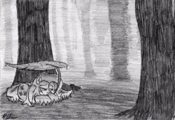 Size: 640x438 | Tagged: safe, artist:petanoprime, fluttershy, pegasus, pony, female, forest, grayscale, leaf umbrella, lilypad, mare, monochrome, outdoors, prone, rain, signature, solo, stray strand, traditional art, tree