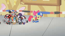 Size: 1280x720 | Tagged: safe, derpibooru import, screencap, apple bloom, bolt (character), finish line (character), hairpin turn, pony, call of the cutie, circling stars, crash, dizzy, pony pile, roller skates